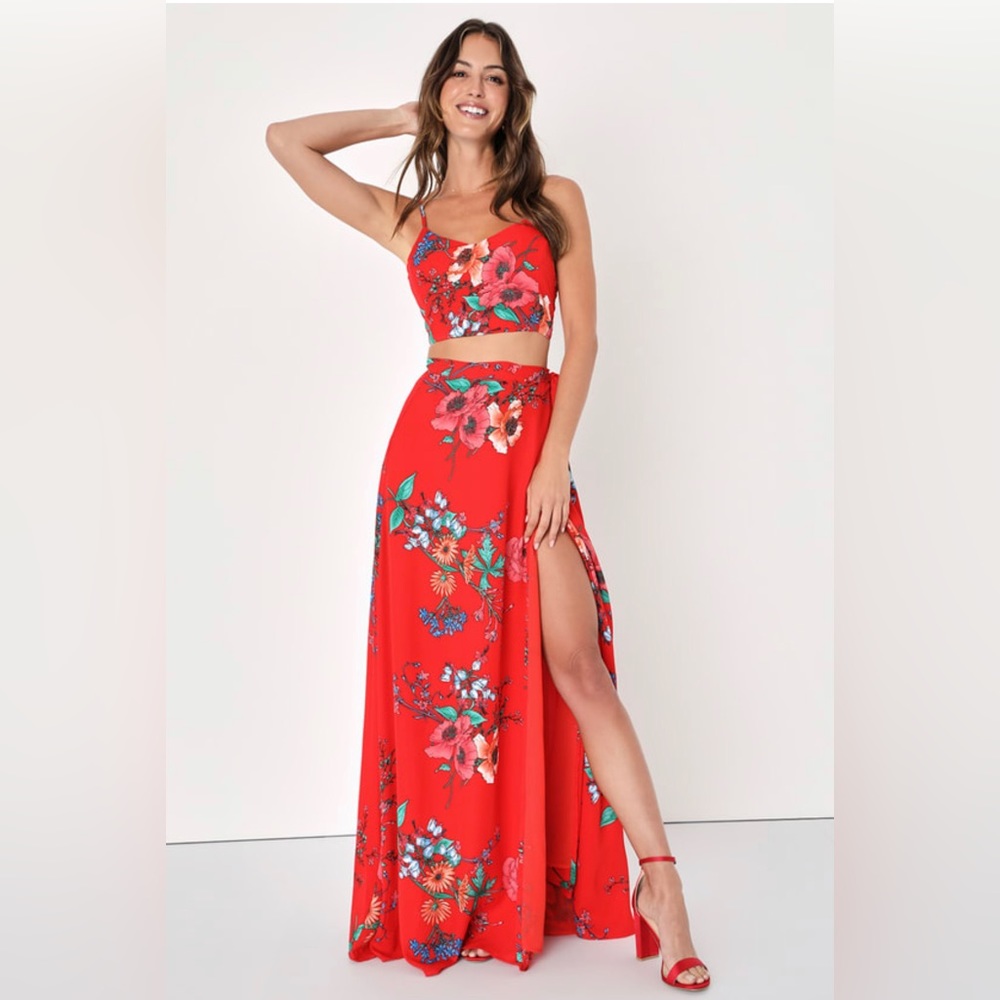 Lulu's Bloom With a View Red Floral Print Two-Piece Maxi Dress NWT
